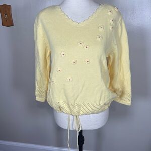Christopher & Banks Sz M Yellow Hand Embroidered Crochet Tie Waist Y2K Sweater